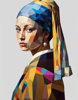 Colorful polygonal portrait of a young woman wearing a blue and yellow striped headscarf and a pearl earring, created in a low poly geometric style.