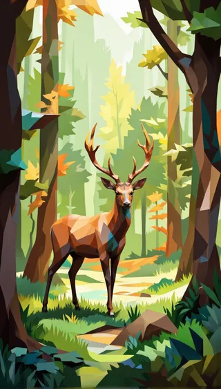 Low poly art illustration of a deer with large antlers standing in a lush geometric forest with sunlight filtering through tall trees and foliage.