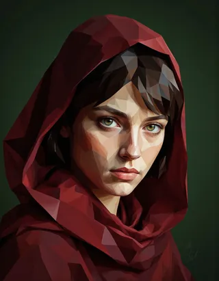Low-poly portrait of a young woman with green eyes and dark hair wearing a red shawl against a solid dark green background.