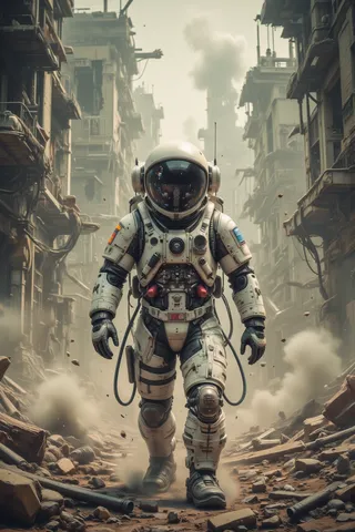 An astronaut in a white spacesuit walks cautiously through tall, ruined abandoned buildings on a dusty desert planet with smoke rising in the background.
