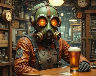 A man wearing a vintage-style green gas mask and brown leather outfit sitting at a wooden table in a retro-futuristic bar with a frothing glass of beer, surrounded by old clocks and shelves filled with bottles.