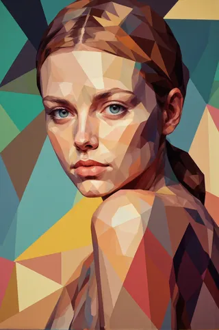Low poly art portrait of a young woman with blue eyes and fair skin against a vibrant geometric background