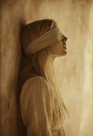 Side profile of a woman with long blonde hair blindfolded with a cloth, leaning her head against a textured wall, depicted in warm brown sepia tones with a vintage aesthetic.