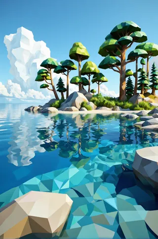 Low poly style tropical island featuring vibrant coniferous trees, clear blue water with rocks, lush green vegetation, and a bright blue sky with clouds.