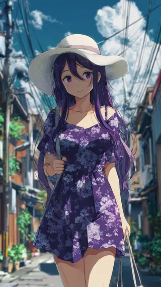 Anime girl Yuri from Doki Doki Literature Club walking on a sunny street wearing a dark purple summer dress with floral pattern and a white brimmed hat.