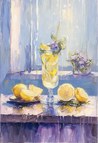 Impressionist still life painting of peeled lemons and a tall glass of lemonade with lemon slice and flowers by the window.