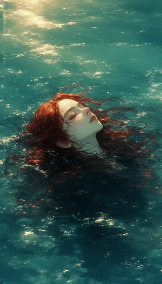 Portrait of a young woman with flowing red hair, her face partially submerged in vibrant, softly lit water, eyes closed in peaceful serenity.