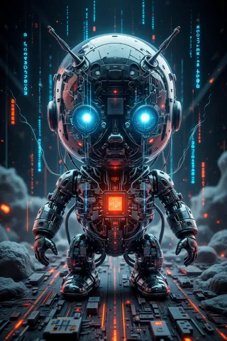 High-definition small robot with glowing blue eyes and intricate circuits visible through a transparent body, standing on a futuristic circuit board floor with dynamic light trails and a dark, starry background.