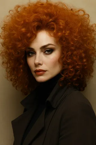 A striking woman with voluminous fiery red curly hair, wearing smoky dark eye makeup, burnt-orange glossy lips, a dark turtleneck, and an elegant brown coat against a neutral beige background with cinematic lighting.