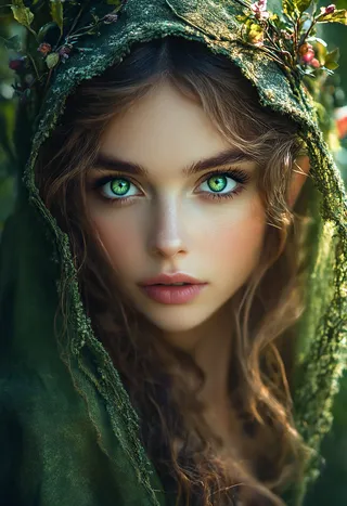 Close-up portrait of an elf woman with striking green eyes, wearing a green mossy hood decorated with flowers, exuding a magical and ethereal atmosphere.