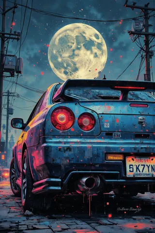 A detailed blue Nissan Skyline car with a spoiler is parked on a street at night under a large glowing full moon and a clear sky.