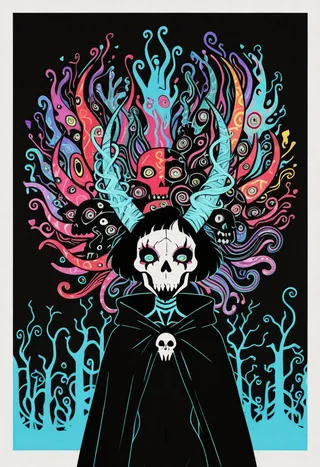 A woman necromancer wearing skull makeup and a black cape with glowing horns, surrounded by psychedelic swirling patterns and vibrant, surreal colors.