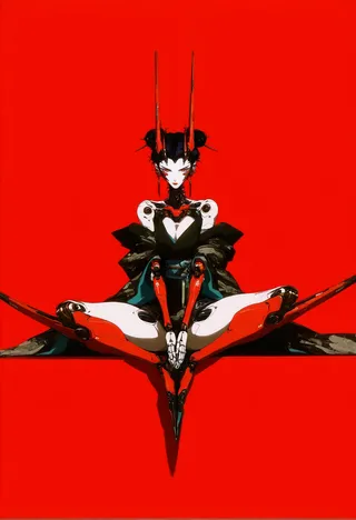 A full-body image of a cyborg woman with short black hair styled in double buns, wearing a black kimono, seated against a vivid red background, featuring mechanical legs and claw-like weapons.