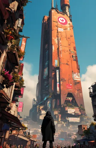A futuristic cityscape with a towering orange industrial skyscraper and a black hooded person standing on a narrow flower-lined street, under a soft warm sunlight.