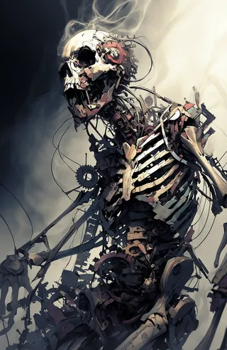 A skeletal sculpture made from metal and plastic parts including bones, gears, and wires set against a dark smoky background with a ghostly atmosphere.