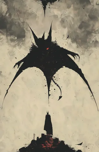 A dark silhouette of a demonic bat with sharp horns and red glowing eyes looming over a smaller cloaked figure on a rocky hill, set against a cloudy, textured background.
