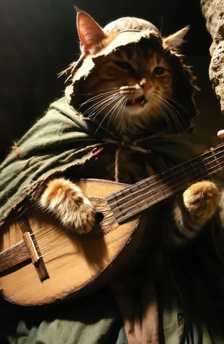 An orange tabby cat with a serious expression wearing a tattered green cloak and floppy hat, playing a rustic wooden lute.