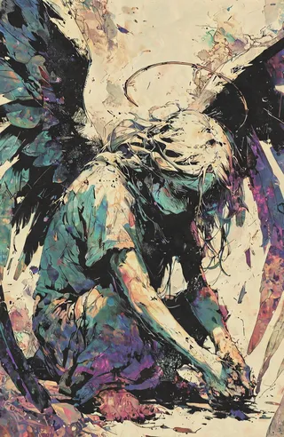 A colorful, abstract depiction of a melancholy angel with dark wings kneeling, blending sorrow and monstrosity in artistic strokes.