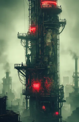 A foggy cyberpunk cityscape featuring a towering cylindrical industrial structure with intricate metal framework and glowing red neon lights, surrounded by dense fog and industrial buildings.