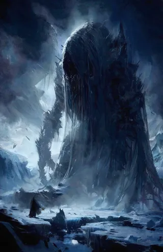 A towering monolithic horror figure cloaked in shadow, looming over an icy Antarctic landscape under a dark, cloudy sky.