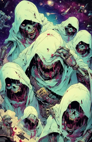 Hooded undead robot pirate zombies with glowing eyes and bloodied mechanical bodies in a cosmic space setting.