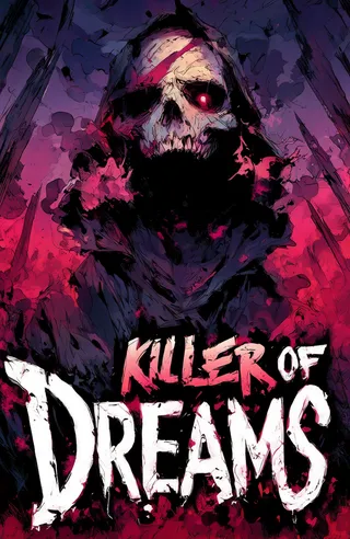 Dark hooded figure with a skull face and red glowing eye, surrounded by dark purple and red tones and bold text 'Killer of Dreams'.