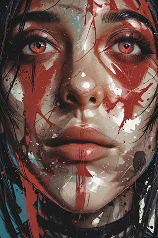 Close-up portrait of a woman with striking red eyes, black hair, and abstract red and white paint splatter on her face.