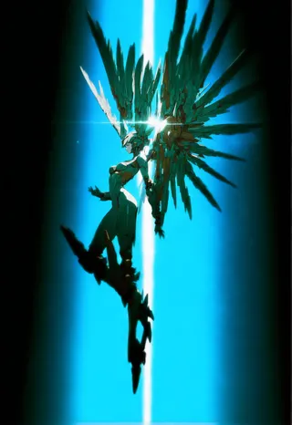Side view of a female mecha valkyrie in pale green bodysuit with large mechanical wings, illuminated by a bright vertical light beam on a blue background.