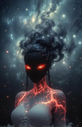 A ghostly figure with a dark face and red glowing eyes, illuminated by luminous plasma veins, against a background of space filled with stars and nebula clouds.