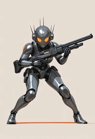 A female robot alien android armored in sleek black and copper steel, aiming a futuristic gun, posed dynamically against a simple background with orange glowing eyes.