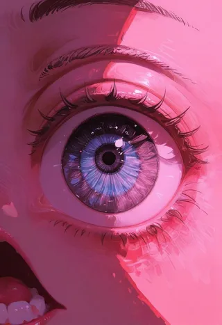 Close-up of a blue iris eye with intricate detail and long eyelashes, illuminated by pink neon gothic style lighting, part of a girl's face visible
