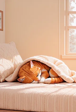 An orange tabby cat peacefully sleeping curled up under a soft cream blanket on a textured beige sofa bathed in warm afternoon sunlight from a nearby window.