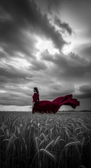 A woman in a flowing burgundy dress stands silhouetted in a grayscale wheat field beneath a dramatic stormy sky with dark, turbulent clouds.