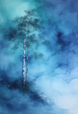 Watercolor painting featuring a solitary birch tree emerging from swirling indigo and jade ink, with delicate brushstrokes and soft dawn light.