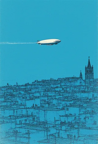A solitary airship quietly flying over a sprawling cityscape outlined with delicate lines and muted blue tones, with church towers and stylized figures below.