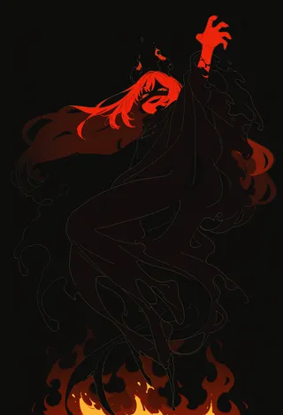 A dark figure with long red hair and a flowing cloak surrounded by flames, featuring burning eyes and a wicked smile on a black background.