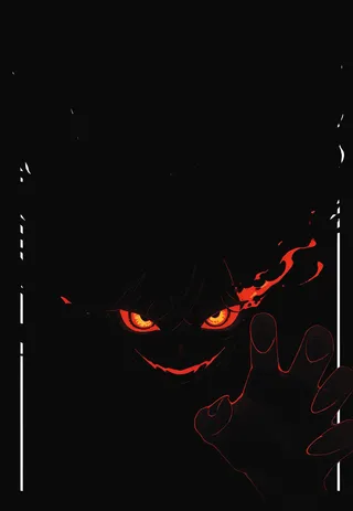 A close-up digital art of a shadowy figure in pure darkness with burning orange eyes, a wicked smile, and a claw reaching out, outlined faintly in red.