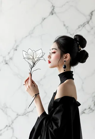 Side view of a poised Korean woman in minimalist black fashion and obsidian jewelry, holding a delicate 2D anime-style flower, set against a white marble background.