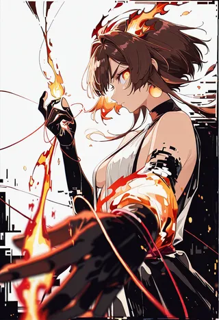 Side profile of an anime female character with intense expression, creating fire energy with outstretched hands rendered in dynamic foreshortening and glitch art style.
