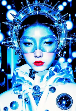 Portrait of a Korean woman wearing avant-garde fashion featuring a blue crystalline headpiece with metallic orbs, responsive blue and white smart fabric cape, and striking red glitter lipstick in a high-tech studio setting.
