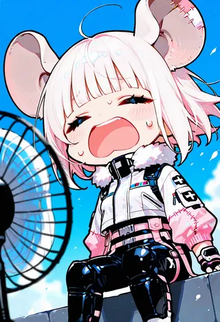 Chibi style girl with large rat ears and white hair sitting near an electric fan blowing soft wind, wearing a white and pink combat suit with fur collar and safety harness.