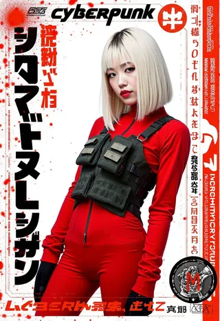 Japanese female cyberpunk soldier with platinum blonde bob hairstyle, wearing a red military bodysuit and a black tactical vest, set against an abstract glitch art background.