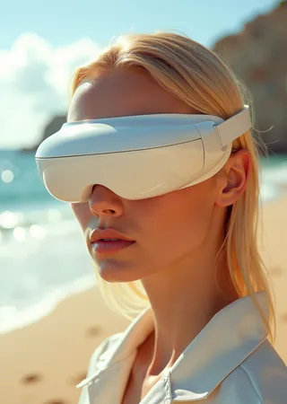 Close-up of a blonde female model wearing sleek white futuristic VR goggles on a sunlit beach with soft sand and sea in background, featuring natural skin texture and soft beige shirt.