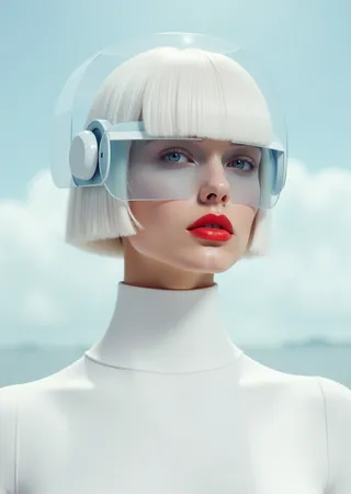Portrait of a futuristic female model with white hair, red lips, wearing an abstract geometric glass helmet against a soft sky background.