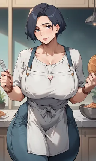 Anime-style mature woman wearing casual clothes and an apron in a kitchen holding a fork and bread.