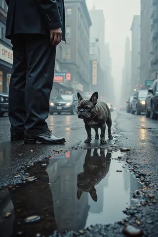 Low angle photo of a French bulldog standing on a wet asphalt street in New York City, with its reflection visible in a puddle and legs of an elegant man nearby during a foggy, rainy morning.