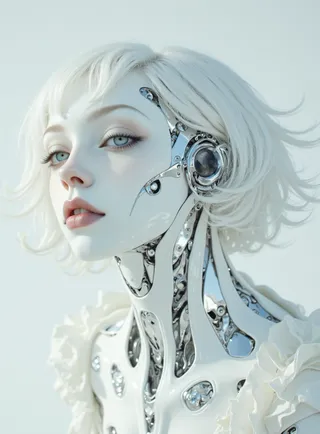 Portrait of an ethereal cyborg woman with pale skin, platinum-white hair, and piercing blue eyes, showing intricate mechanical details and a soft white background.