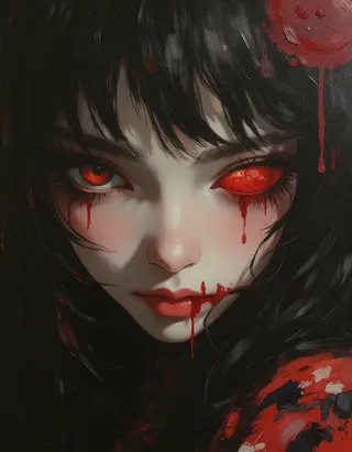 Hyper-realistic oil painting of a creepy Japanese horror girl with glowing red eyes, pale translucent skin, and blood dripping from eyes and lips.