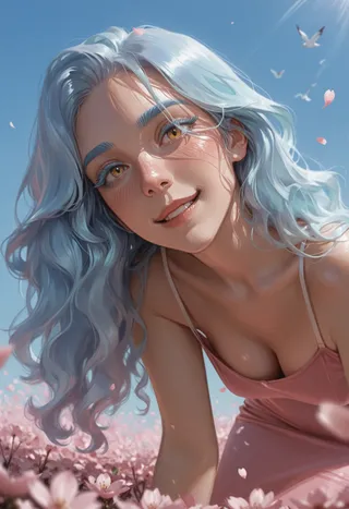 A smiling girl with long wavy blue hair and yellow eyes wearing a pink spaghetti strap dress leaning forward in a cherry blossom flower field under a bright blue sky with sunlight and falling petals.