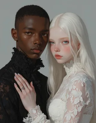 A romantic portrait of an albino young girl with long white hair and icy blue eyes, wearing a white lace dress, standing close to a dark-skinned African man in a black lace high-collared shirt, set against a soft gray background.